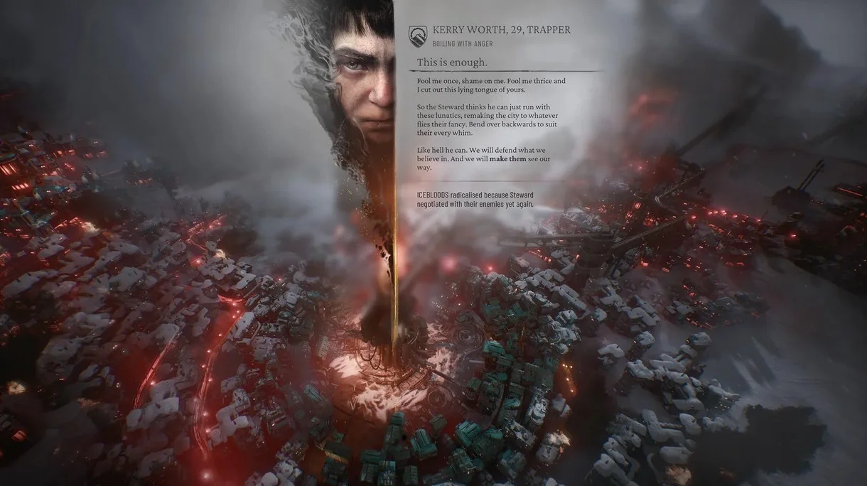 Frostpunk 2 - it's not the cold, it's inhuman hearts that will kill you all.